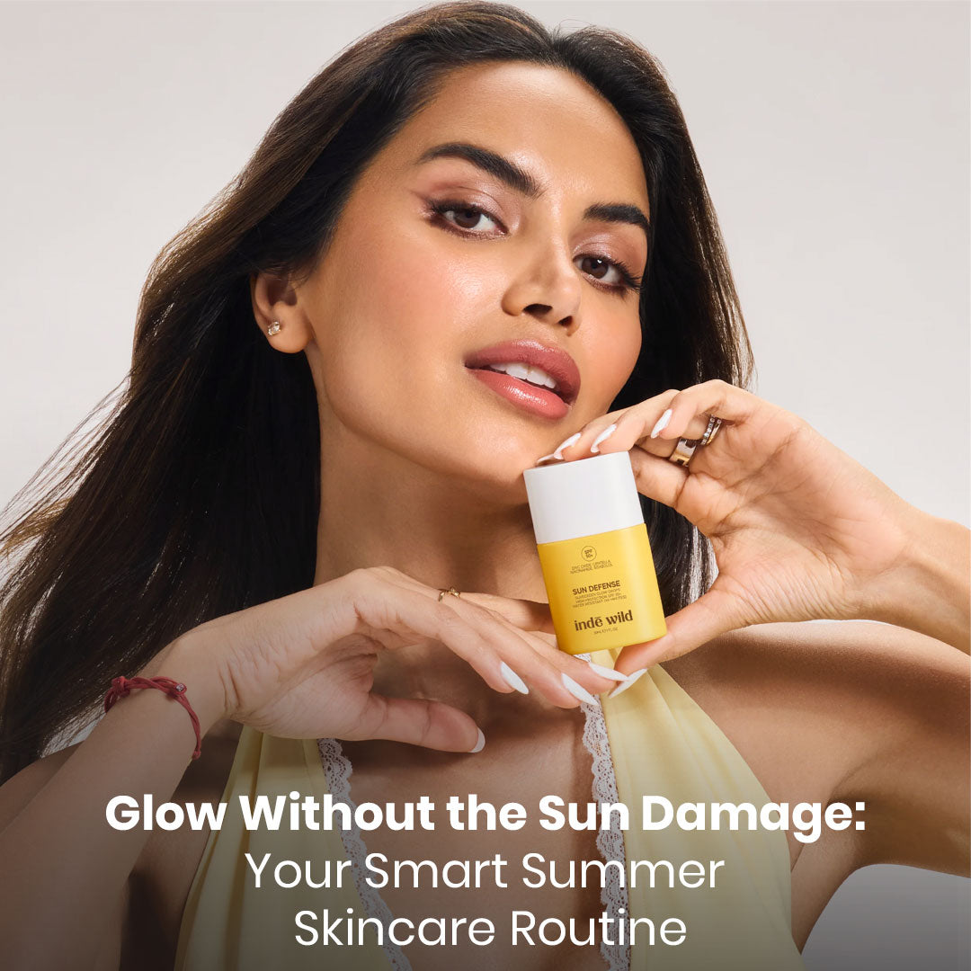 Model posing with the Sun Defense Mineral Sunscreen SPF 50+ Glow Drops PA++++ from Inde Wild